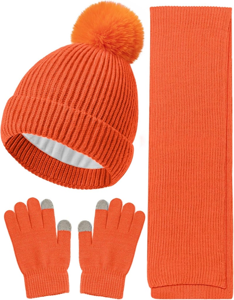 Wandx Kids Winter Hat Gloves Scarf Set Children Pompom Knit Beanie Warm Gloves with Thick Fleece for Boys Girls Ages 4-12 - Image 1